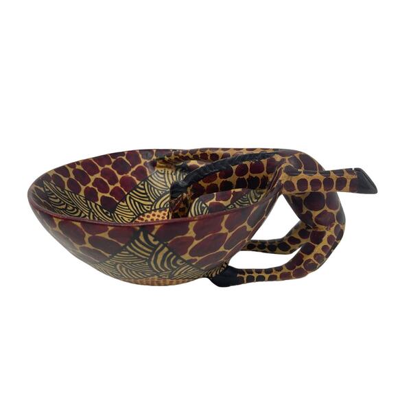 African Hand Carved Olive Wood Giraffe Drinking From Bowl Trinket Dish Vintage - Picture 1 of 13